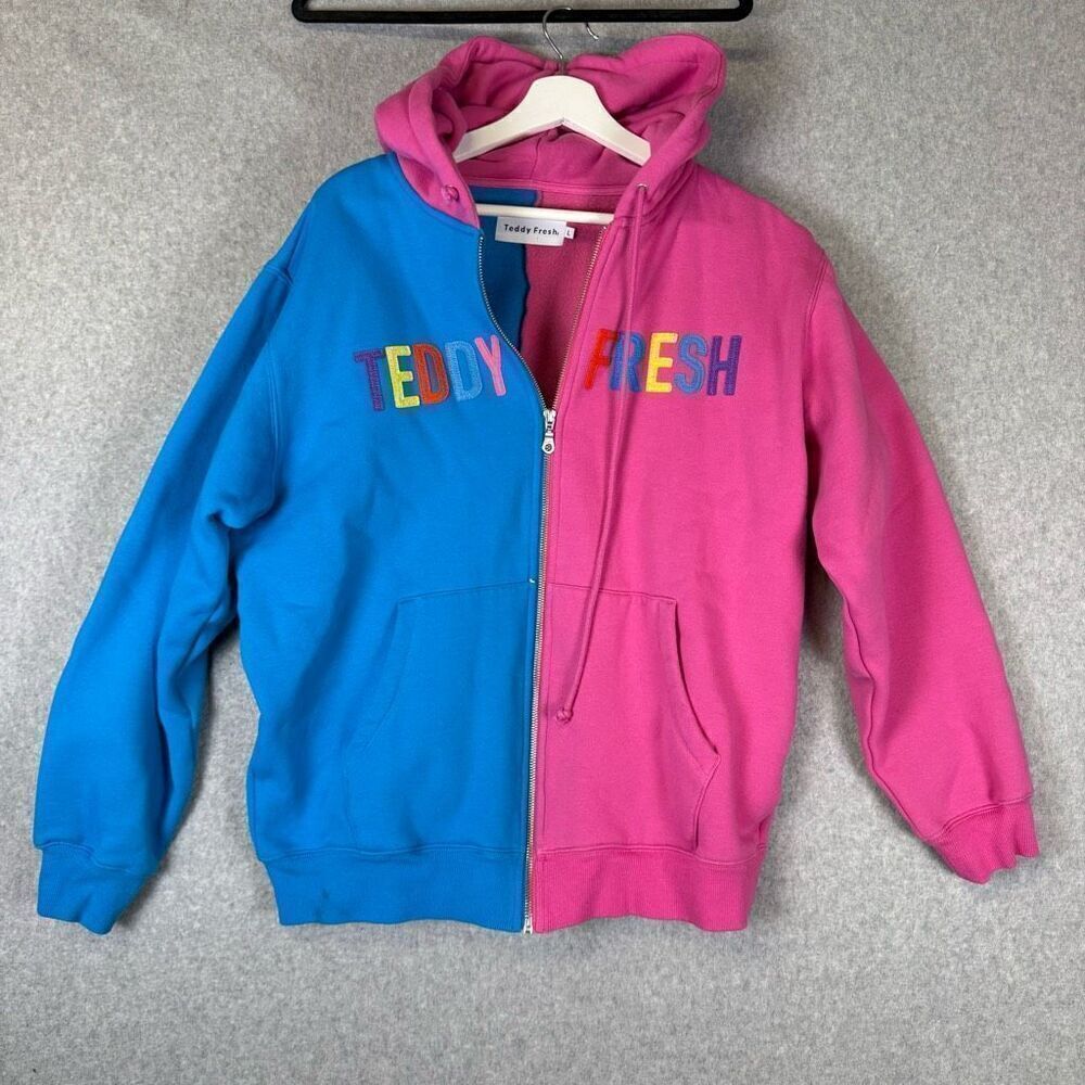 Teddy Fresh Womens Size Large Zip Front Hooded Jacket Pink Blue Colorblock